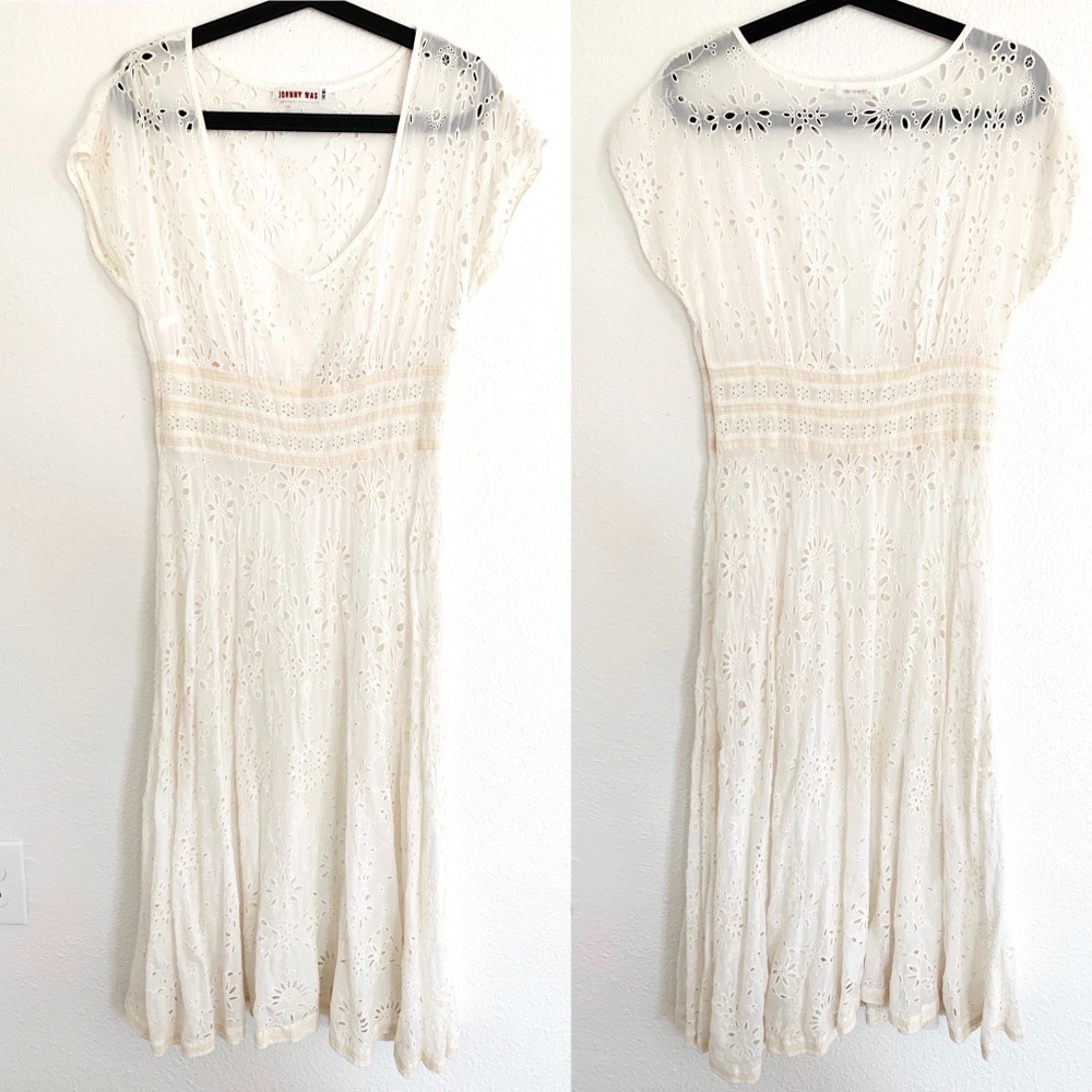 SOLD*Johnny Was • Lace Eyelet Cream Midi Dress